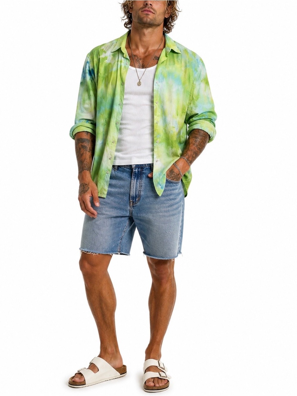 Alfani Dress Shirt Slim Fit Stretch Large 16-16 1/2 Tie Dye Green Unique
